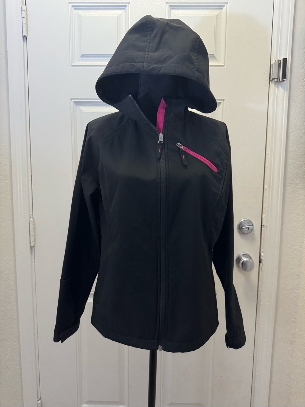 Women's Black Hooded Softshell Jacket with Pink Accent